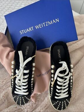Stuart Weitzman Black Fur-Trim Pearl-Studded Sneakers with White Laces